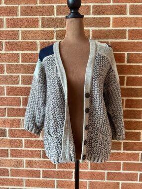 Sparrow Knit Cardigan Sweater Gray/Navy Color block Button 3/4 Sleeve, Size XS